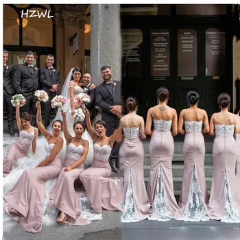 2021 Spagečiai Dirželiai Undinė Ilgai Bridesmaids Suknelės Nėriniai Appliques Garbės Tarnaitė Užsakymą Vestidos De Bridemaid Suknelė