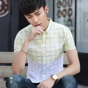Dryžuotas vyriški marškiniai, iki 2017 m. vasaros stilius naują atsitiktinis trumpas rankovės marškinėliai, jaunų apykaklės, apykaklės savęs auginimo