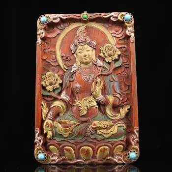 Vestuvių dekoravimas Tibeto vienuolynas, senos medinės paramos drožyba nudažyti aukso inkrustacijos balta brangakmenio motina Thangka