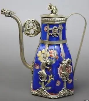 Mėlyna Porceliano Dragon Leopard Arbatos Puodą vario Tibeto sidabro statula įrankiai vestuvių Žalvario Apdaila