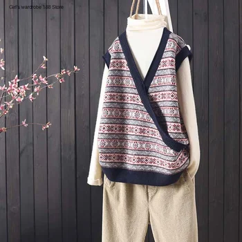 Rudenį naujų produktų, birių kreivai Atvartas Megztinis be rankovių megzti liemenė moterų meno žakardo megztinis