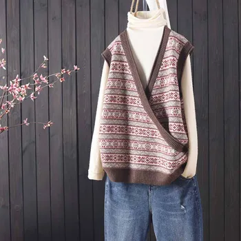 Rudenį naujų produktų, birių kreivai Atvartas Megztinis be rankovių megzti liemenė moterų meno žakardo megztinis