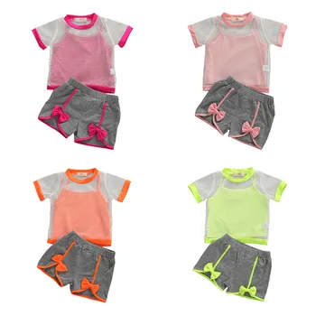 Mados Vasaros Baby Girl Kostiumas, Komplektai, Vaikiška Mergaičių Drabužius Atsitiktinis žvejybos tinklas T-marškinėliai+Liemenė Viršūnes+Bowknot Šortai Sportwear Bebe Ropa