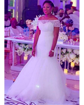 Pietų Afrikos Vestuvių Suknelės Undinė Nuo Shoulded Tiulio Appliques Zawalcowany Nigerija Vestido De Noiva Bridal Vestuvinė Suknelė