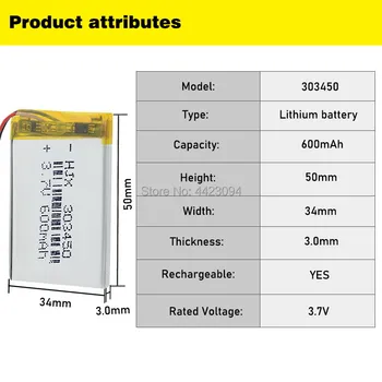 3.7 V 600mAh 303450 Ličio Baterija 3.7 V, Li-polimero Lipo Bateria Nuotolinio Valdymo Ausinių Mini Kameros LED apšvietimas
