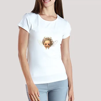 Angel negabaritinių pritaikyti spausdinti marškinėlius moteris didelio dydžio vientisos spalvos top atsitiktinis trumpomis rankovėmis viršūnes, o-kaklo atsitiktinis reguliariai marškinėliai