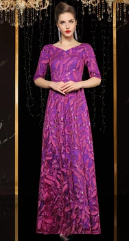 J26-3 jancember violetinė v kaklo vakarinę suknelę ilgai, v-kaklo pusė rankovės grindų ilgis appliques pearl nėrinių baigimo suknelė 이브닝드레스