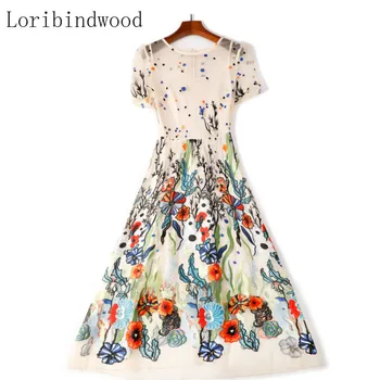 Mados kilimo ir tūpimo Tako Šalies trumparankoviai Nėrinių Tinklelio Suknelė Moterims Spalvinga Gėlių Vertus, Siuvinėjimo Suknelė 2020 Metų Vasaros Couture Kolekcija