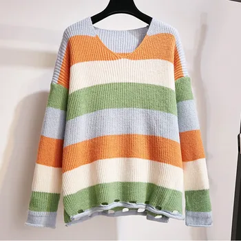 Korėjos Stiliaus Saldus Dryžuotas Megztinis Rudenį Moterys Vaivorykštė Dryžuotas Ilgomis Rankovėmis Kawaii Laisvas Megztinis Šiltas Džemperis