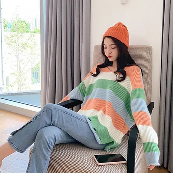 Korėjos Stiliaus Saldus Dryžuotas Megztinis Rudenį Moterys Vaivorykštė Dryžuotas Ilgomis Rankovėmis Kawaii Laisvas Megztinis Šiltas Džemperis