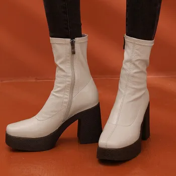 MLJUESE 2021 moterų batai Lakinės Odos Žiemos trumpas pliušinis Aikštėje Toe Platforma Super Aukšti kulniukai moterų batai dydis 39