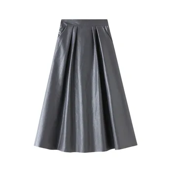 Rudenį naujų PU odos Plisuotos kelnės moteriška korėjos slim-line odinis Elegantiški moteriški sijonai aukšto juosmens ilgas sijonas Office Lady