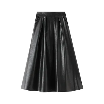 Rudenį naujų PU odos Plisuotos kelnės moteriška korėjos slim-line odinis Elegantiški moteriški sijonai aukšto juosmens ilgas sijonas Office Lady