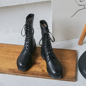 Salu 2020 Nauji natūralios odos batai auliukiniai nėriniai moterų punk kovoti su platforma batai ponios avalynė rudens-žiemos batai moterims