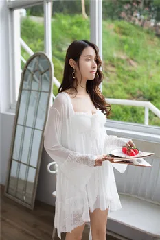 Teismas Modalinis Slydimo Nightdress su Krūtinės Mygtukai Pižama Moterų Visais metų laikais korėjiečių Stiliaus Nėrinių Princesė Seksualus šilko chalatai moterims