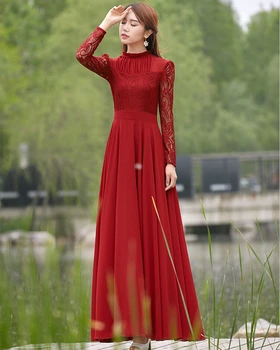 Naujas prekės ženklas 2017 Mados Moterų Šifono ilgomis rankovėmis Maxi Suknelė aukštos kokybės Elegantiškas plonas Nėrinių Ilga Suknelė Plius Dydis suknelės, šaliai