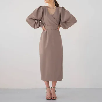 Japonija Stilius Ponios Suknelės korėjos Mados Pavasario Naują Paprastas Elegantiškas Plonas Geriausių Pardavėjų V-kaklo Sluoksniuotos Rankovėmis