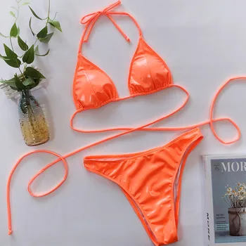 Sexy Moteris Trikampis Bikini Komplektas Brazilijos Push-Up Liemenėlė Paplūdimio maudymosi Kostiumėliai maudymosi kostiumėlį Naujas PU Kietos Oranžinės Vasaros Atostogų Bikini Komplektas