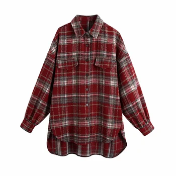 Rudenį 2020 Moterų Marškiniai, Liemenės Derliaus Pledas Kailis Moterų ilgomis Rankovėmis Raudona Prarasti Vilnoniai Paltai Negabaritinių Viršutiniai drabužiai BF Paltas TRF
