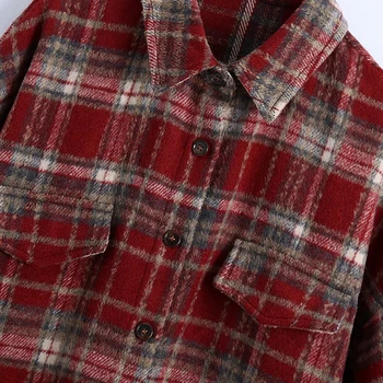 Rudenį 2020 Moterų Marškiniai, Liemenės Derliaus Pledas Kailis Moterų ilgomis Rankovėmis Raudona Prarasti Vilnoniai Paltai Negabaritinių Viršutiniai drabužiai BF Paltas TRF