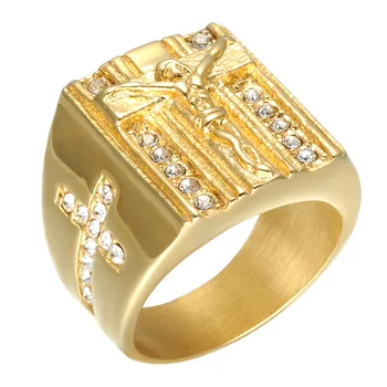 Klasikinis Vyrų Žiedas Religinių Stiliaus Kryžiaus Žiedas Mados Aukso Spalvos Nerūdijančio Plieno Reikmenys, Papuošalai, Vyrų-Geriausia Dovana