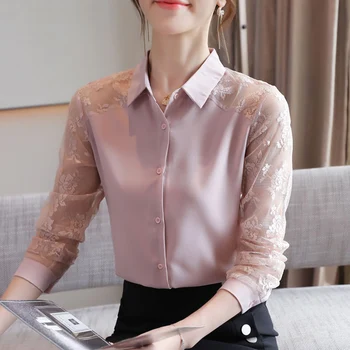 Korėjos stiliaus Nėrinių Viršūnės Rudenį Naujų Moterų Susiuvimo Šifono Marškinėliai Mados ilgomis rankovėmis Nėrimo OLIS Palaidinė