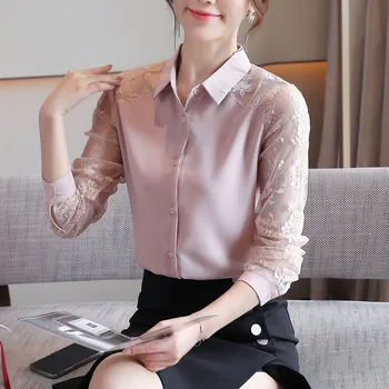 Korėjos stiliaus Nėrinių Viršūnės Rudenį Naujų Moterų Susiuvimo Šifono Marškinėliai Mados ilgomis rankovėmis Nėrimo OLIS Palaidinė