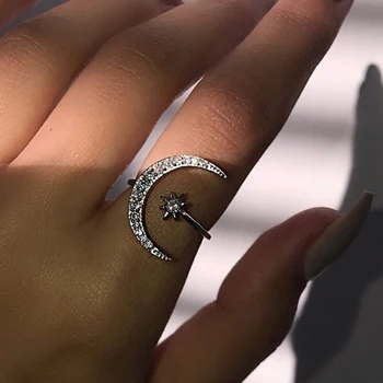 Visą Kristalinis Mėnulis Saulės Dizaino Žiedai Moterims, Aukso Spalvos Metalo Atidarykite Reguliuojamas Fing Žiedai, Papuošalų Mados 2021 Vestuvių Žiedas