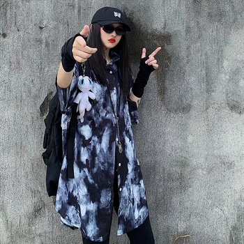 Juodas Kietas Moterų Kaklaraištis Dažų Marškinėliai 2021 Lady Tamsiai Harajuku Kišenę Laisvus Mygtuką Atlapas Apykakle Palaidinė Vasaros Hip-hop Hipster Ilgai Viršų