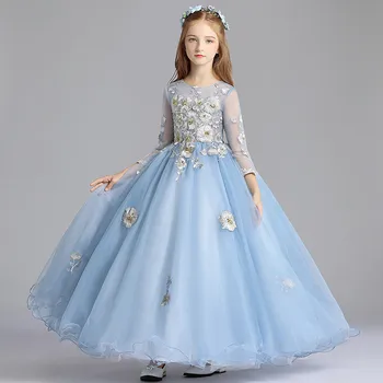 2019 Naujų Vaikų Mergaičių Prabanga Siuvinėjimo Gėlės Ilgą Rankovėmis Vakare Gimtadienio Vakarėlio Princesė Tiulio Suknelė Priimančiosios Kostiumai, Suknelės