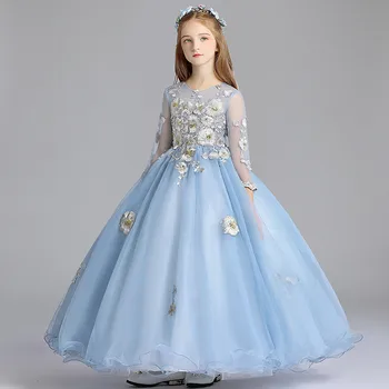 2019 Naujų Vaikų Mergaičių Prabanga Siuvinėjimo Gėlės Ilgą Rankovėmis Vakare Gimtadienio Vakarėlio Princesė Tiulio Suknelė Priimančiosios Kostiumai, Suknelės