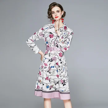 2020-line Print Midi Suknelė Prabangių Gėlių Moterų Mados Mergaitė Boho Slim ilgomis rankovėmis Rudenį Elegantiškas Šalis Suknelės Vestidos DROWYD
