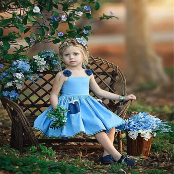 2019 Naujų Vaikų, Kūdikių, Mergaičių Princesė Dress Nėrinių 3D Gėlių Margumynas Šalis Suknelės Kišenės, Rankovių Dirželis Suknelė Mergaitėms, Drabužiai, 1-6T