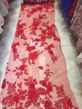 5yards NE012 geros kokybės, gražus raudonas 3d GĖLIŲ karoliukai perlai china siuvinėjimo Tiulio, nėrinių audinys vakarinę suknelę/vestuvės