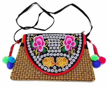 Derliaus Hmong Genčių Etninės Tailando, Indijos Boho pečių maišą pranešimą maišelį lino, rankų darbo siuvinėjimas, Siuvinėjimas pom žavesio SYS-470A