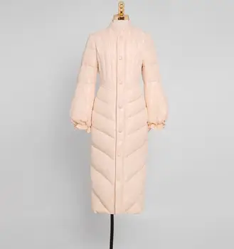 Europos stiliaus mados žibintų rankovės baltųjų ančių pūkų paltai moterims stovėti apykaklės, elegantiškas plonas ilgas, žemyn striukė s536
