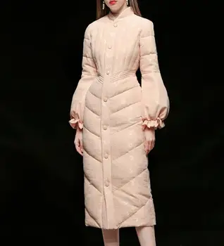 Europos stiliaus mados žibintų rankovės baltųjų ančių pūkų paltai moterims stovėti apykaklės, elegantiškas plonas ilgas, žemyn striukė s536