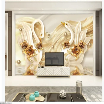 3d prabanga golden swan rožių gėlių minkštas krepšys papuošalai 3d tapetai TV fono sienos stereoskopinis 3d tapetai