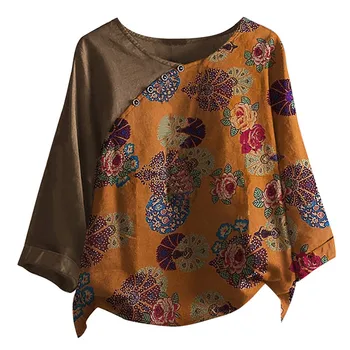 Tunika Viršūnes Negabaritinių Palaidinė Moterims Vasaros Viršūnes Plius Dydis Mygtuką Gėlių ilgomis Rankovėmis Lininius marškinius blusas mujer de moda 2020 m.