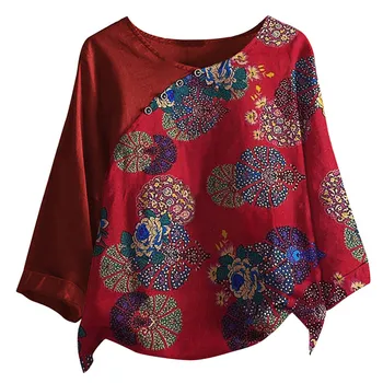 Tunika Viršūnes Negabaritinių Palaidinė Moterims Vasaros Viršūnes Plius Dydis Mygtuką Gėlių ilgomis Rankovėmis Lininius marškinius blusas mujer de moda 2020 m.